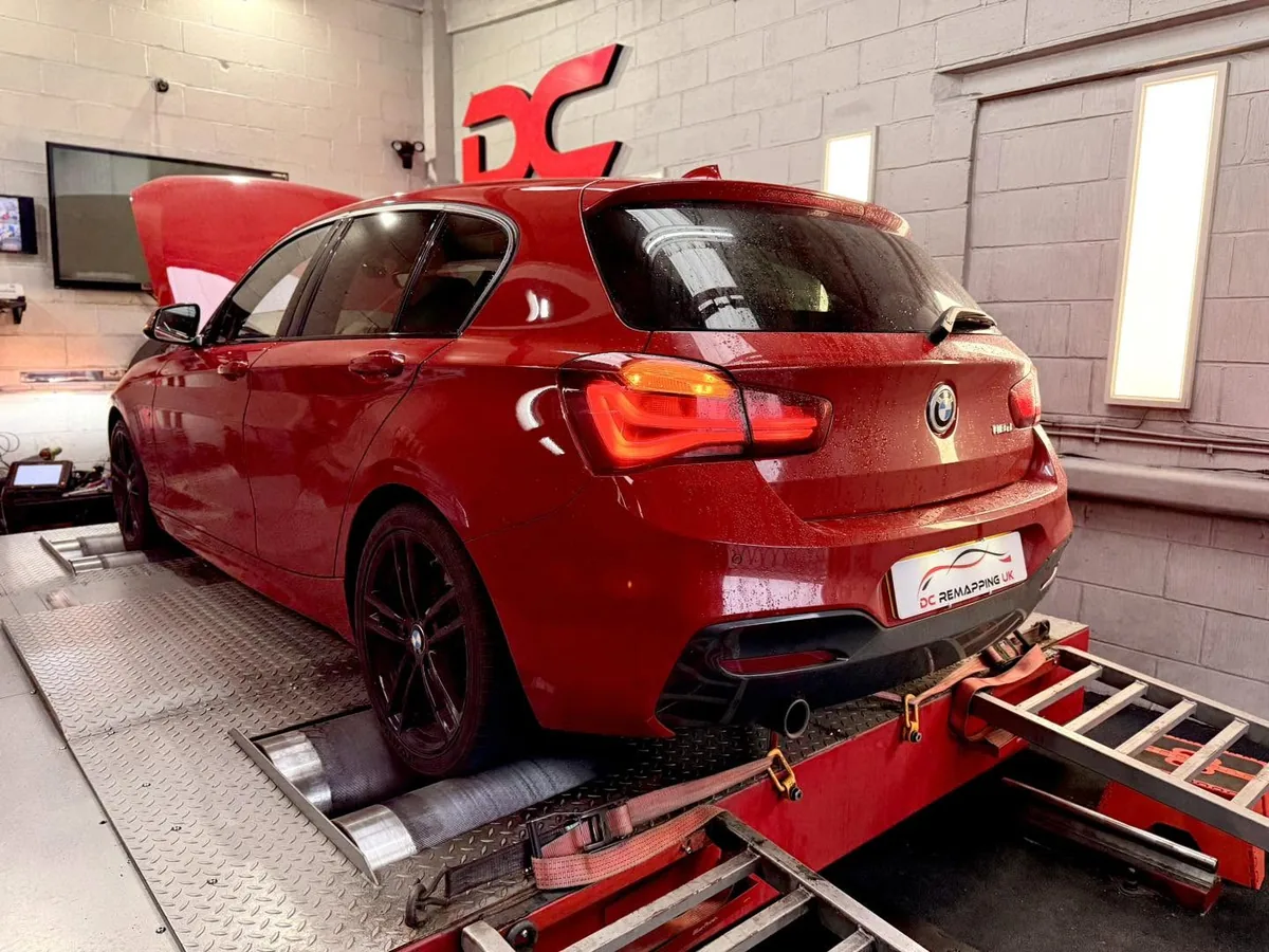 BMW 118d F20 rear view strapped to the dyno at DC Remapping UK