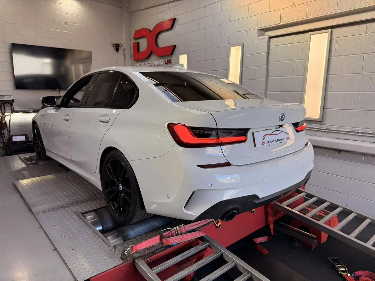 BMW 320i G20 rear view strapped to the dyno at DC Remapping UK
