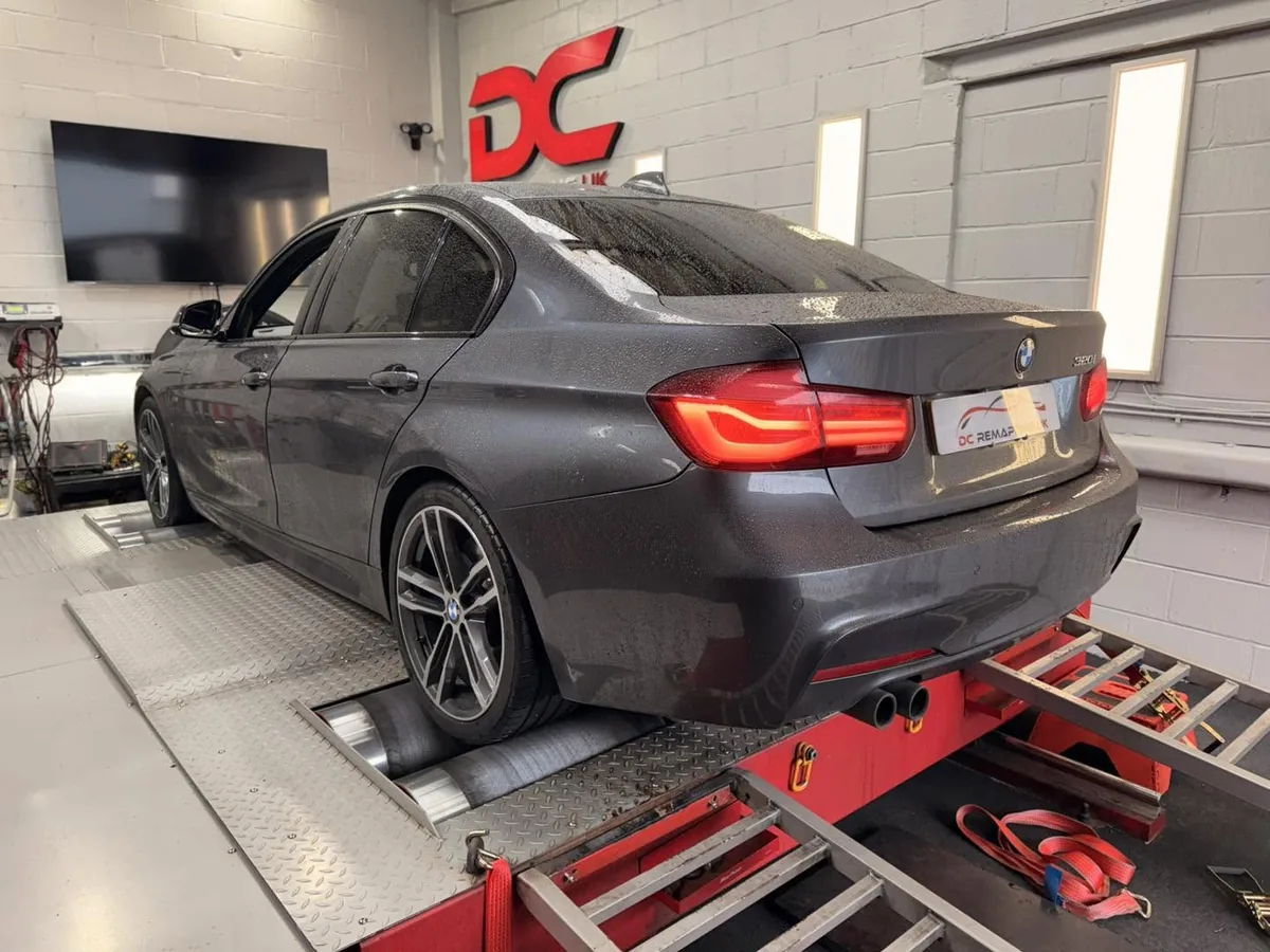 BMW 320i F30 rear view strapped to the dyno at DC Remapping UK