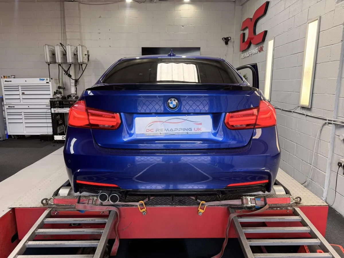 BMW 335d F30 rear view strapped to the dyno at DC Remapping UK