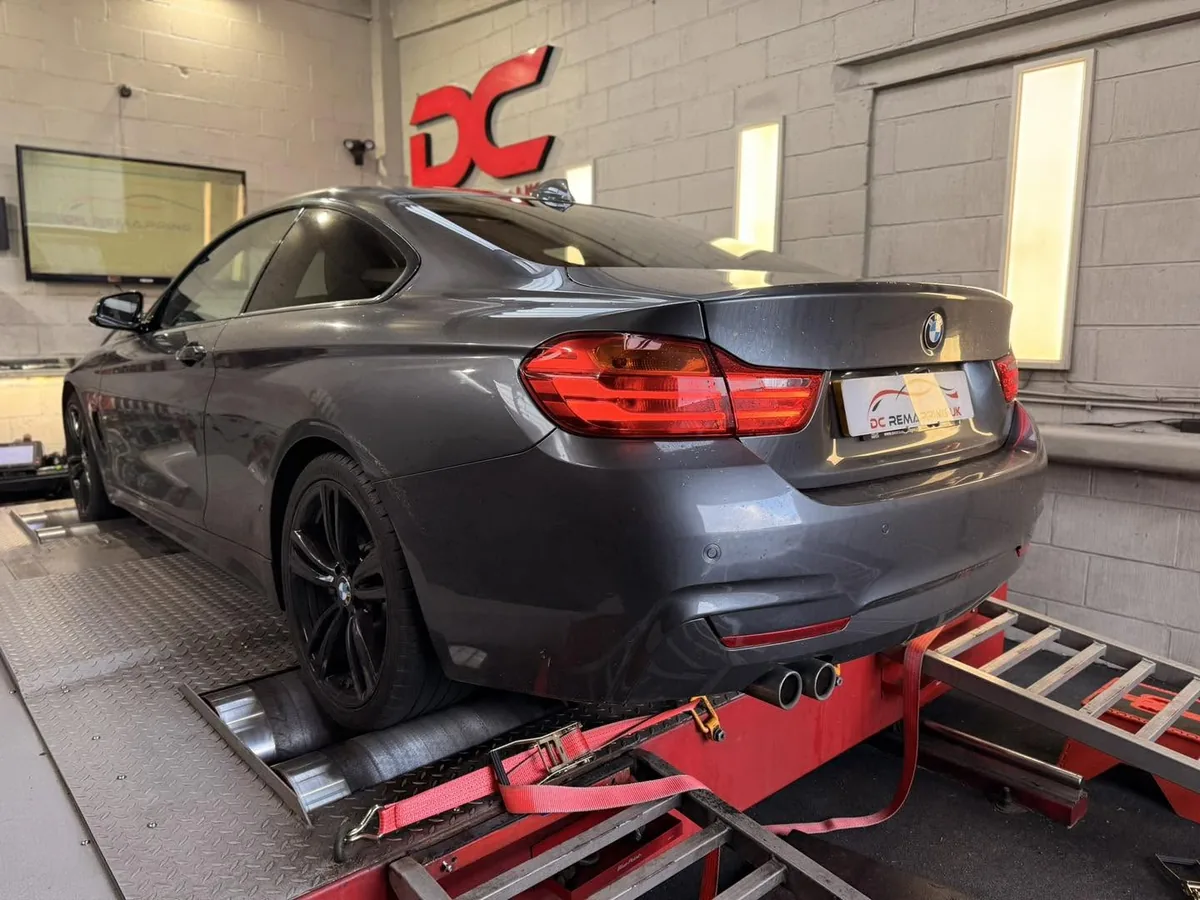 BMW 420d rear view strapped to the dyno at DC Remapping UK
