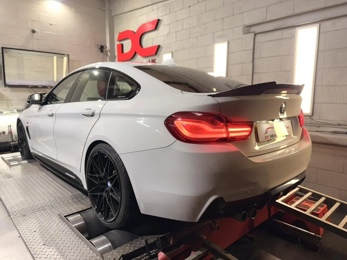 BMW 420i rear view strapped to the dyno at DC Remapping UK