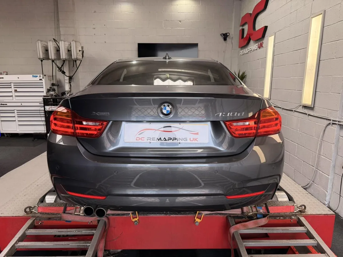 BMW 430d xDrive rear view strapped to the 4WD linked dyno