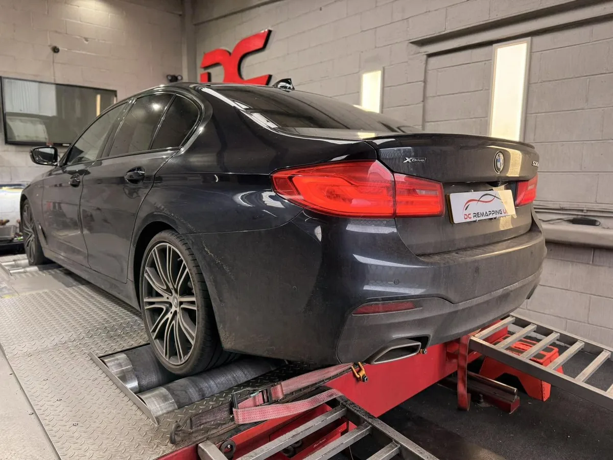 BMW 530d G-Series rear view strapped to the dyno at DC Remapping UK