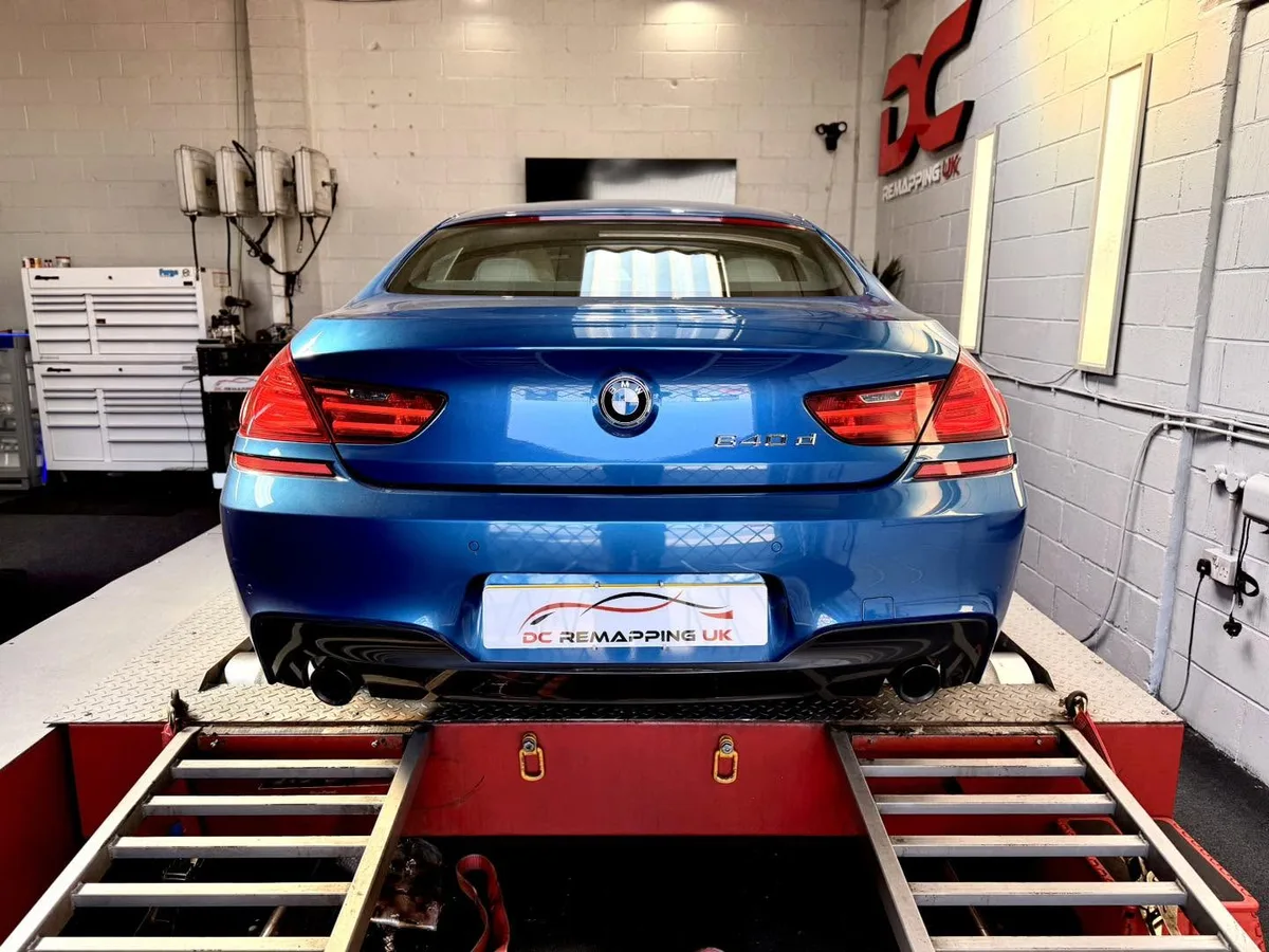 BMW 640d rear view strapped to the 4WD linked dyno at DC Remapping UK