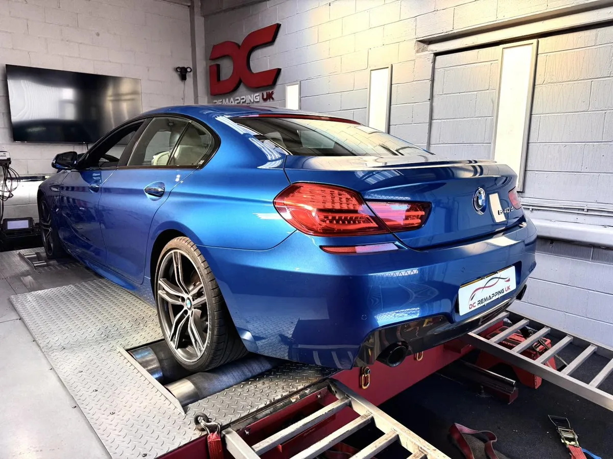 BMW 640d rear three-quarter view on the dyno at DC Remapping UK
