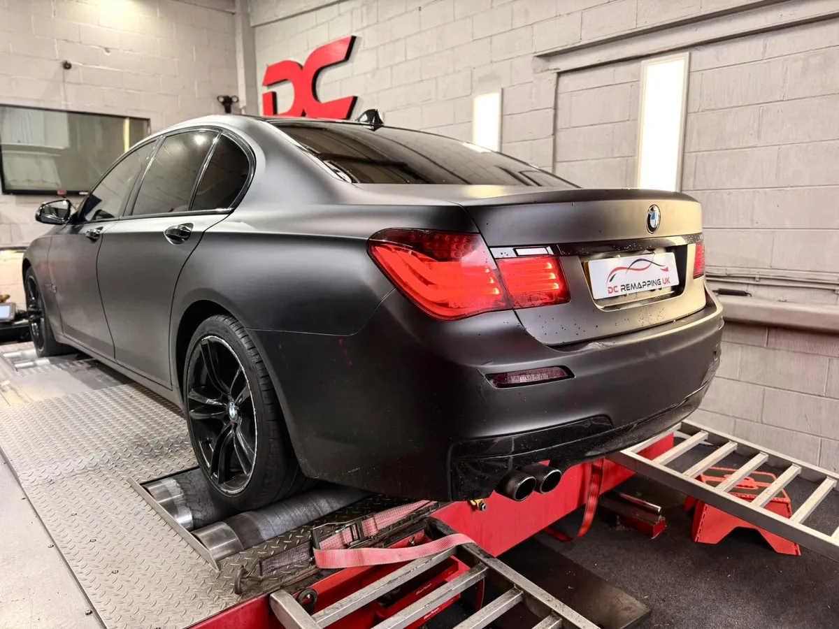 BMW 730d rear view strapped to the dyno at DC Remapping UK