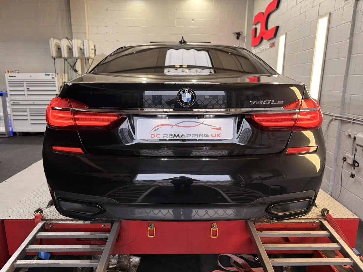 BMW 740Le rear view strapped to the dyno at DC Remapping UK