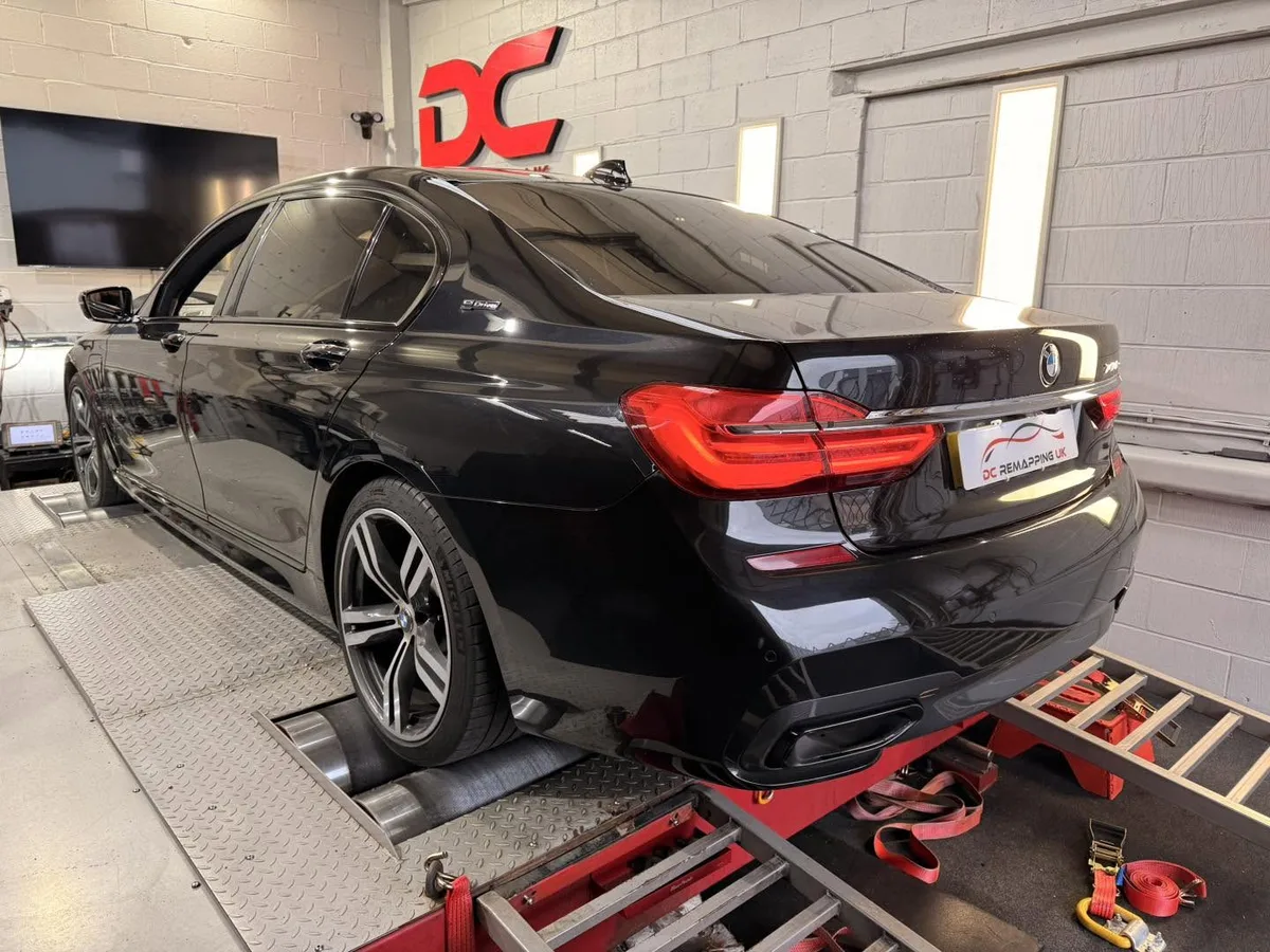 BMW 740Le rear three-quarter view on the dyno at DC Remapping UK
