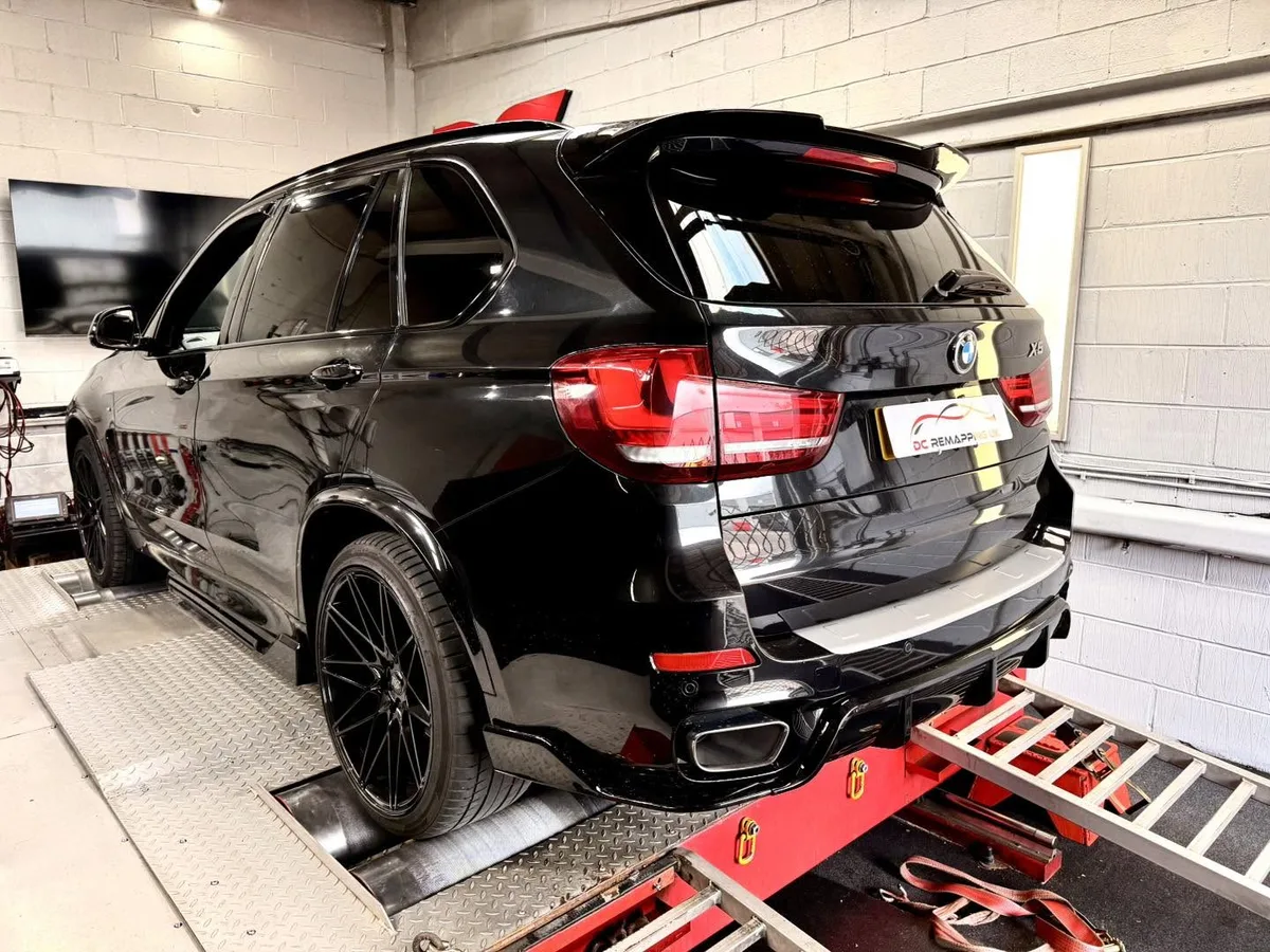 BMW X5 40d rear three-quarter view on the dyno ramps at DC Remapping UK