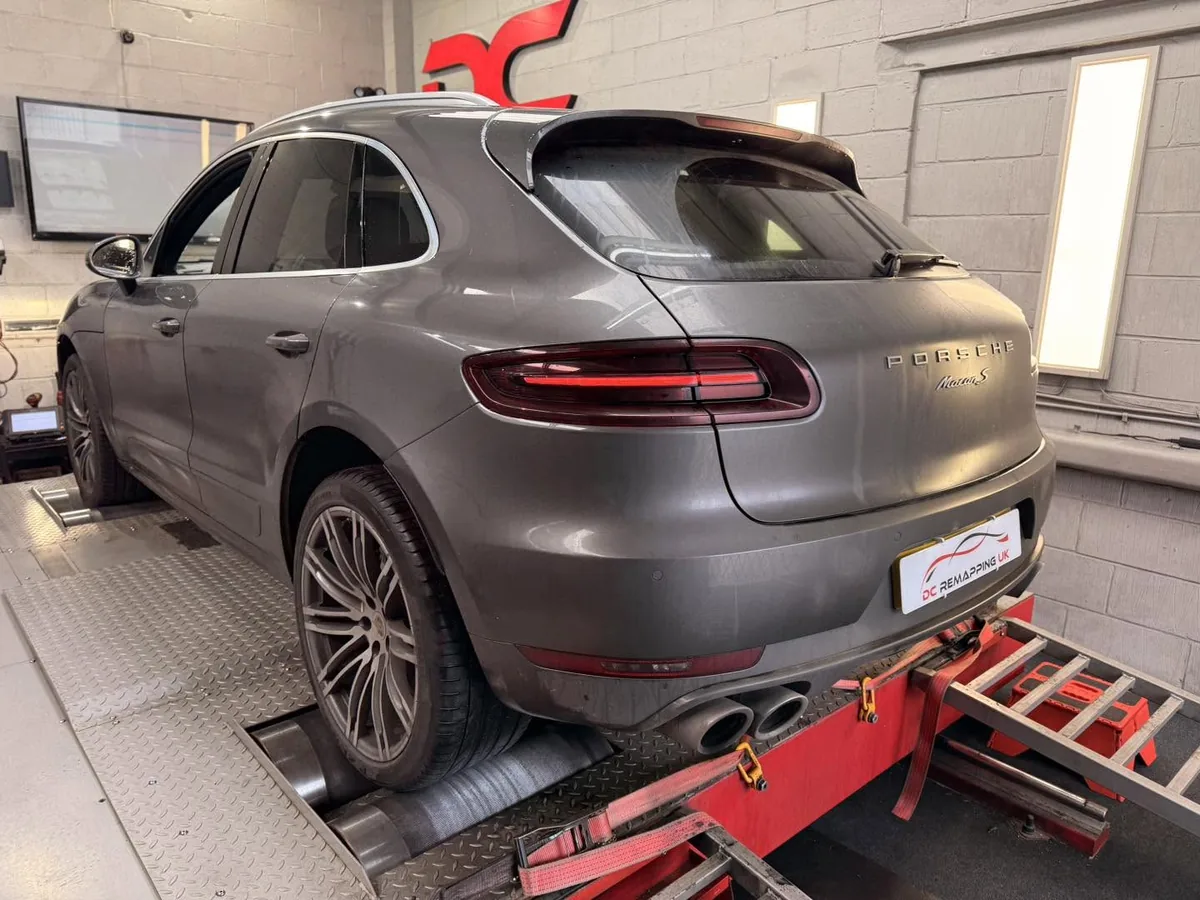 Porsche Macan S rear view strapped to the dyno at DC Remapping UK