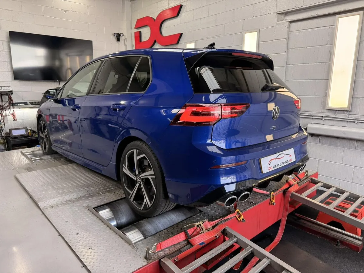 VW Golf R MK8 rear view strapped to the dyno at DC Remapping UK