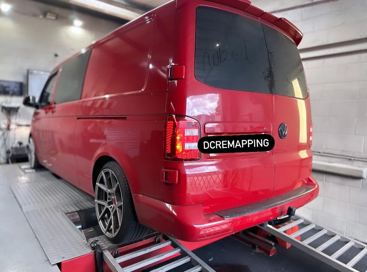 Red VW T6 Transporter rear view strapped to the dyno at DC Remapping UK